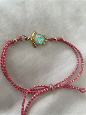 Gold Turtle Charm Red White Cord Adjustable Bracelet Turquoise Shell Enamel